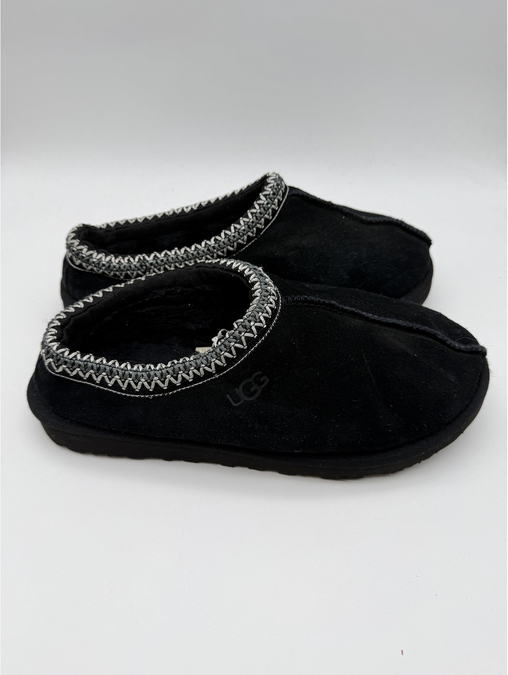 UGG Black Suede Slip-On Shearling Slippers, Size 7